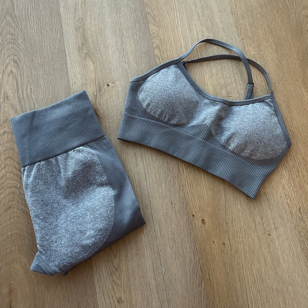 Gray Women 2 Piece Outfits Leggings+Sports Bra Yoga Set Compression Skinny